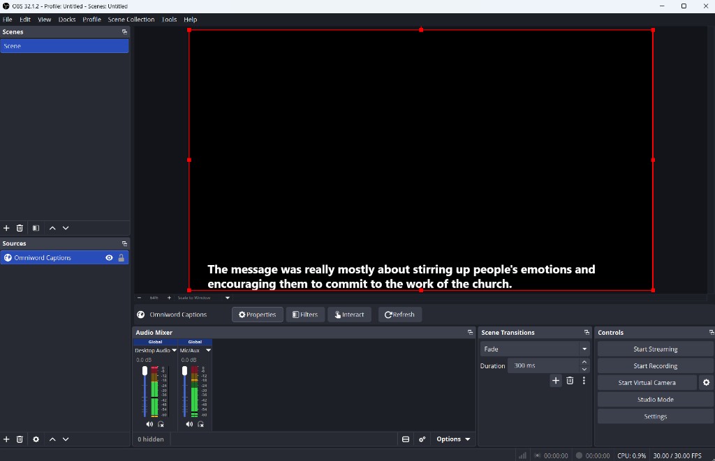 OBS preview with OmniWord captions at the bottom of a full-frame Browser source