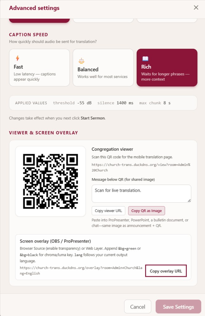 OmniWord Advanced settings with congregation QR and on-site caption options