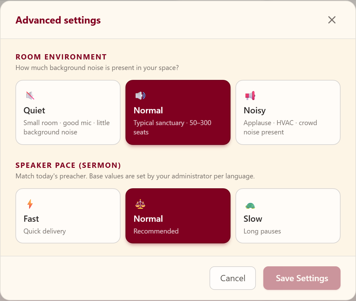 OmniWord Advanced settings modal — room environment and speaker pace