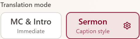 Translation mode with settings icon on Sermon