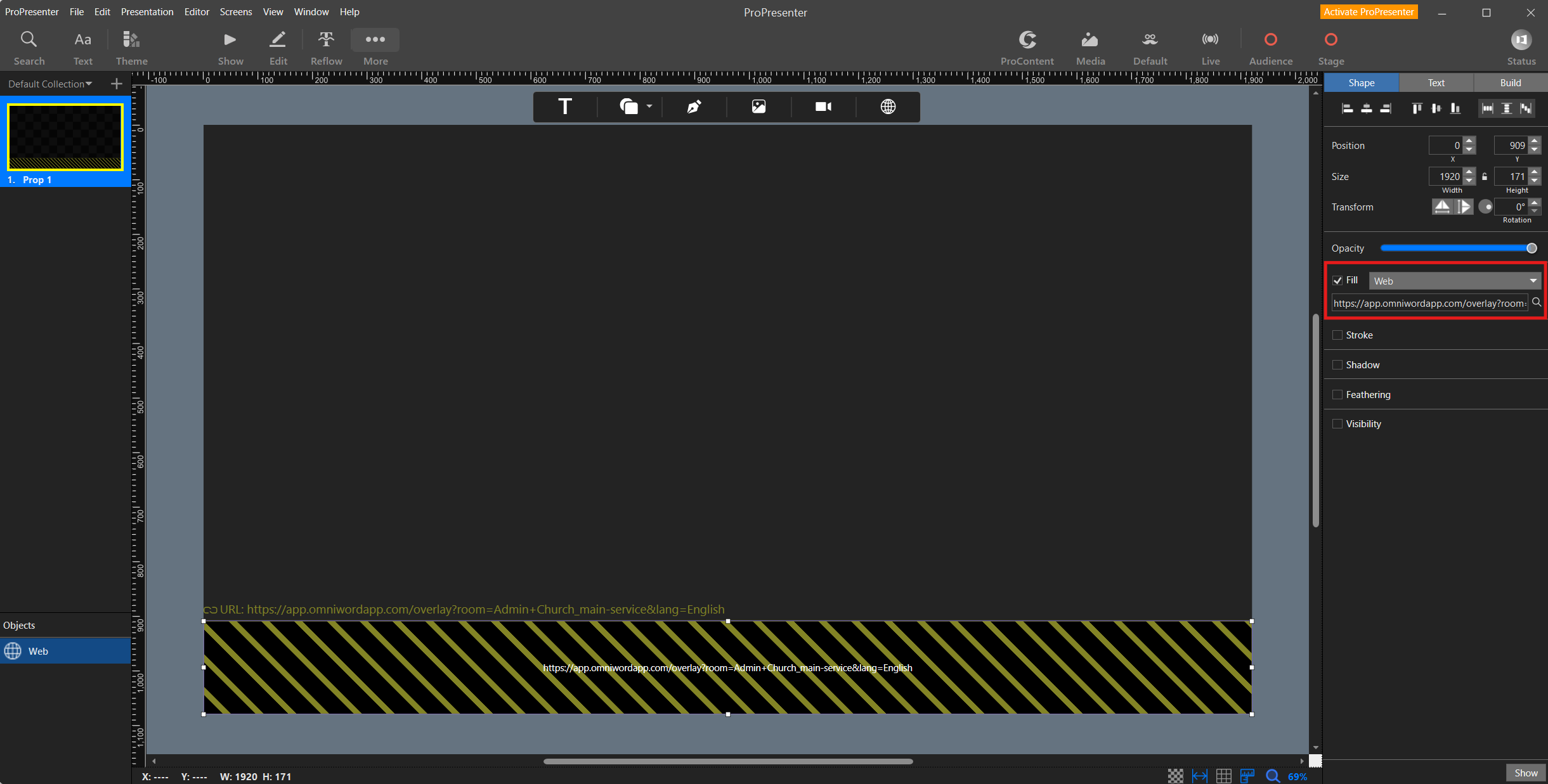Prop editor Web object selected Inspector Fill type Web overlay URL pasted