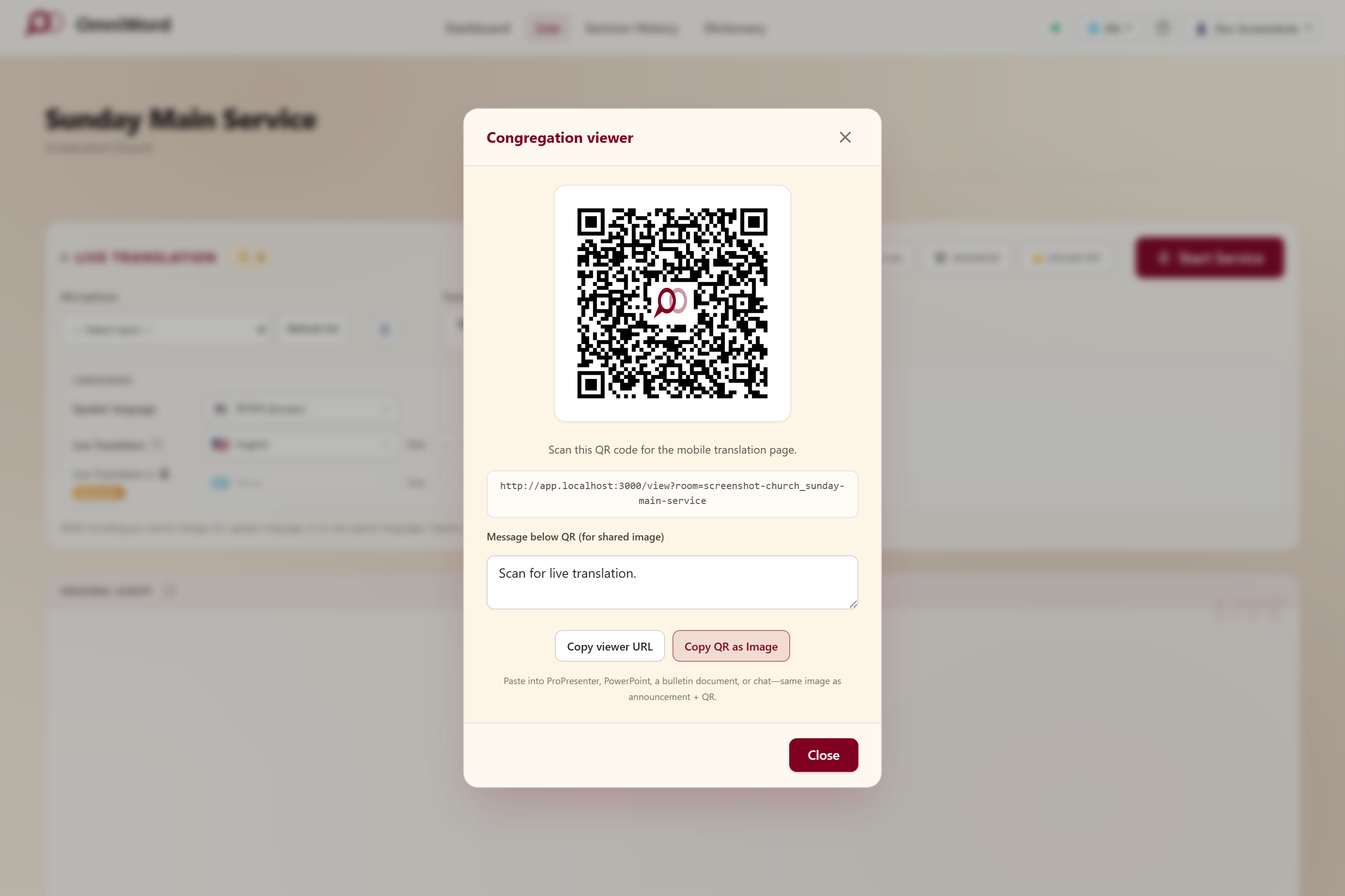 OmniWord Congregation viewer modal with QR code and share actions