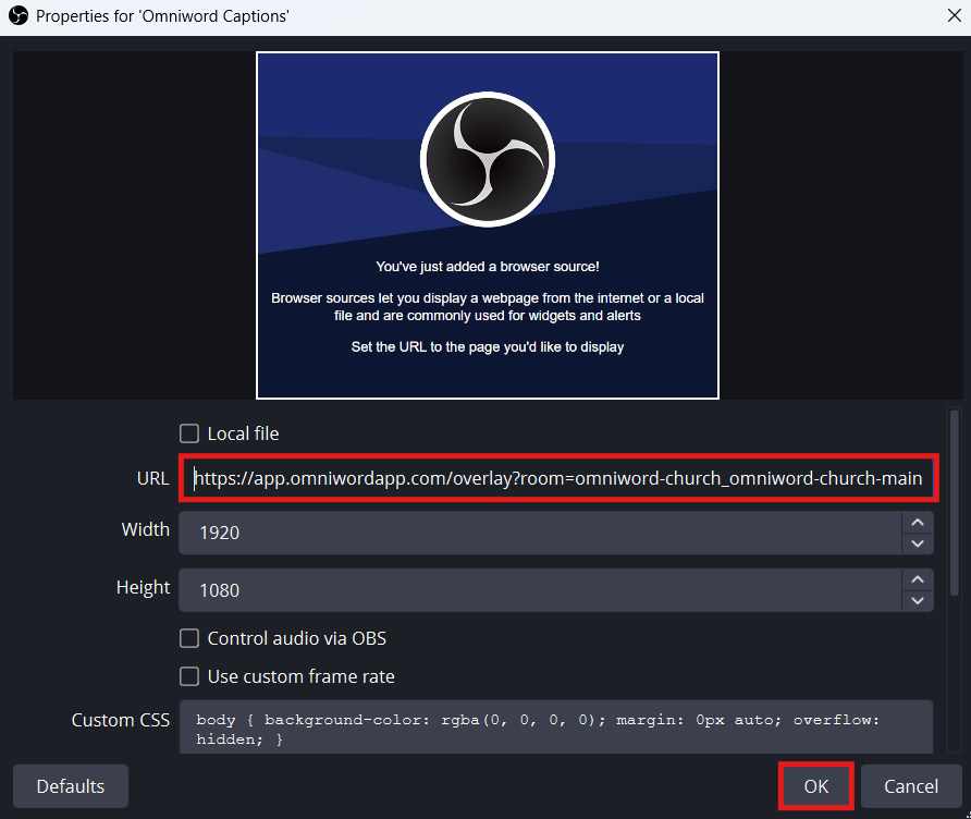 OBS Browser source properties with OmniWord overlay URL and OK highlighted