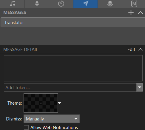 Controles Show de ProPresenter: lista Messages y Message Detail con selector de Theme