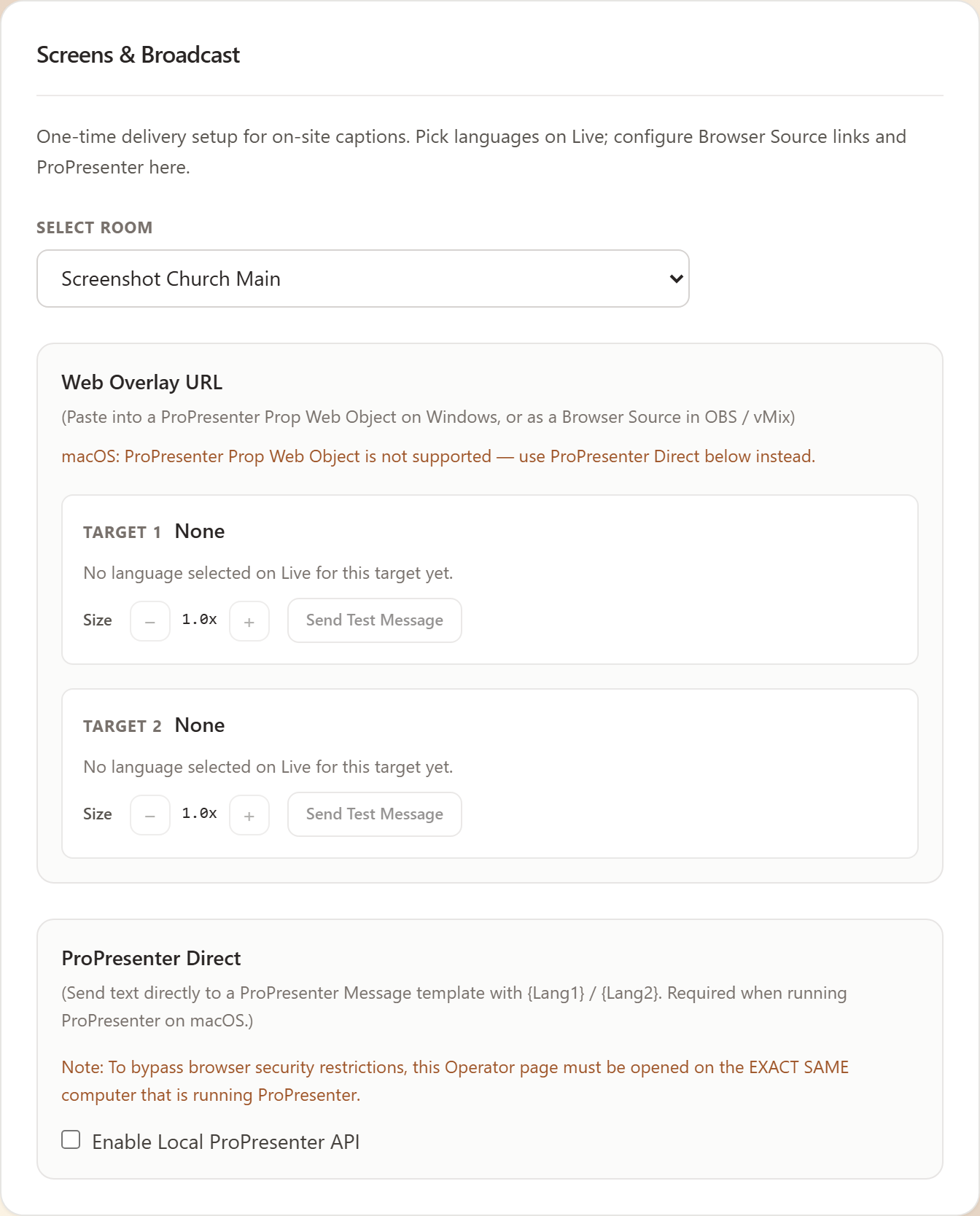 OmniWord Screens &amp; Broadcast settings with Web Overlay URL targets