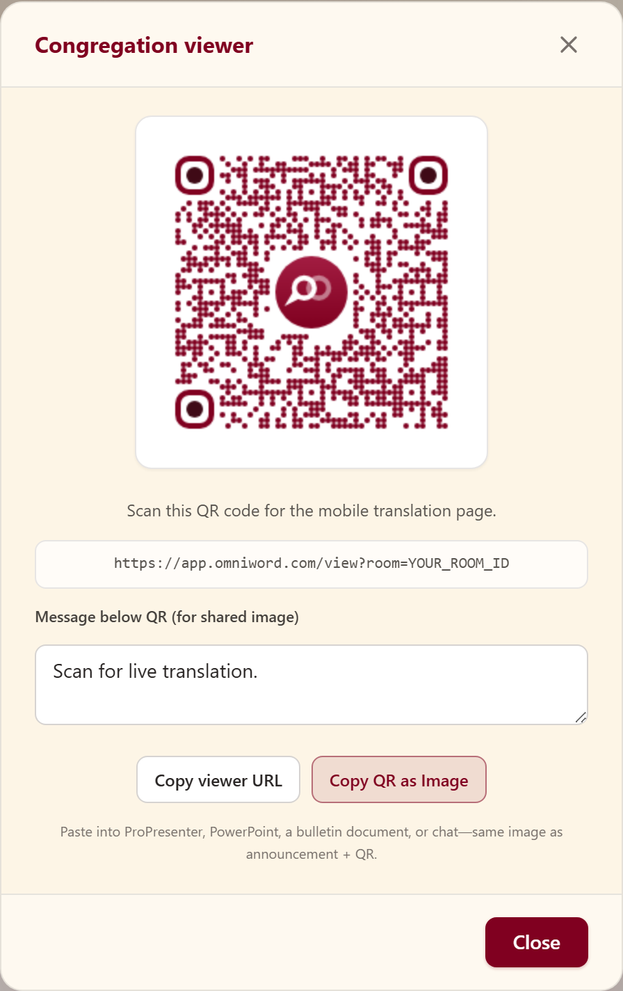 QR 코드와 공유 작업이 있는 OmniWord 교인용 뷰어 모달