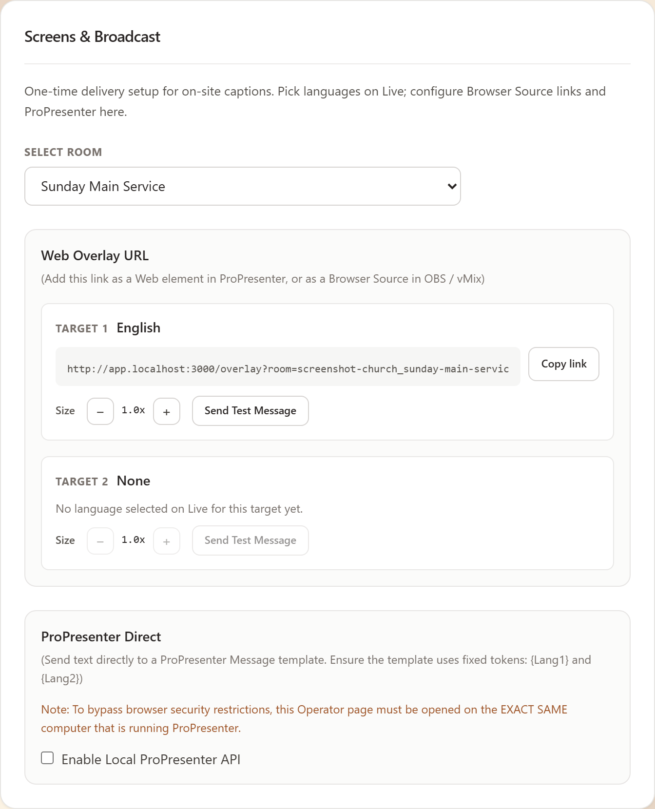 OmniWord Screens &amp; Broadcast settings with Web Overlay URL targets