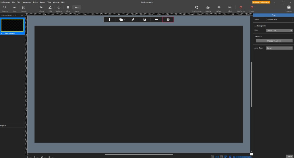 Prop editor with Inspector showing prop name LiveTranslator size 2560x1440 globe web icon emphasized