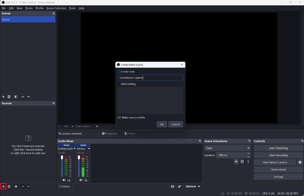 OBS Create/Select Source dialog naming a new Browser source OmniWord Caption